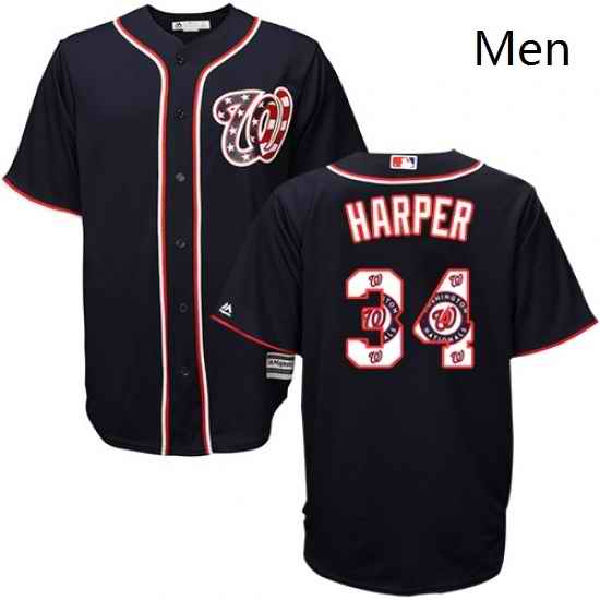 Mens Majestic Washington Nationals 34 Bryce Harper Authentic Navy Blue Team Logo Fashion Cool Base MLB Jersey